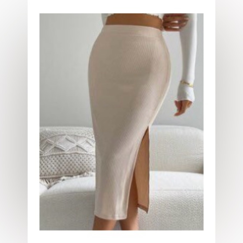 SHEIN Cream Ribbed Midi Skirt